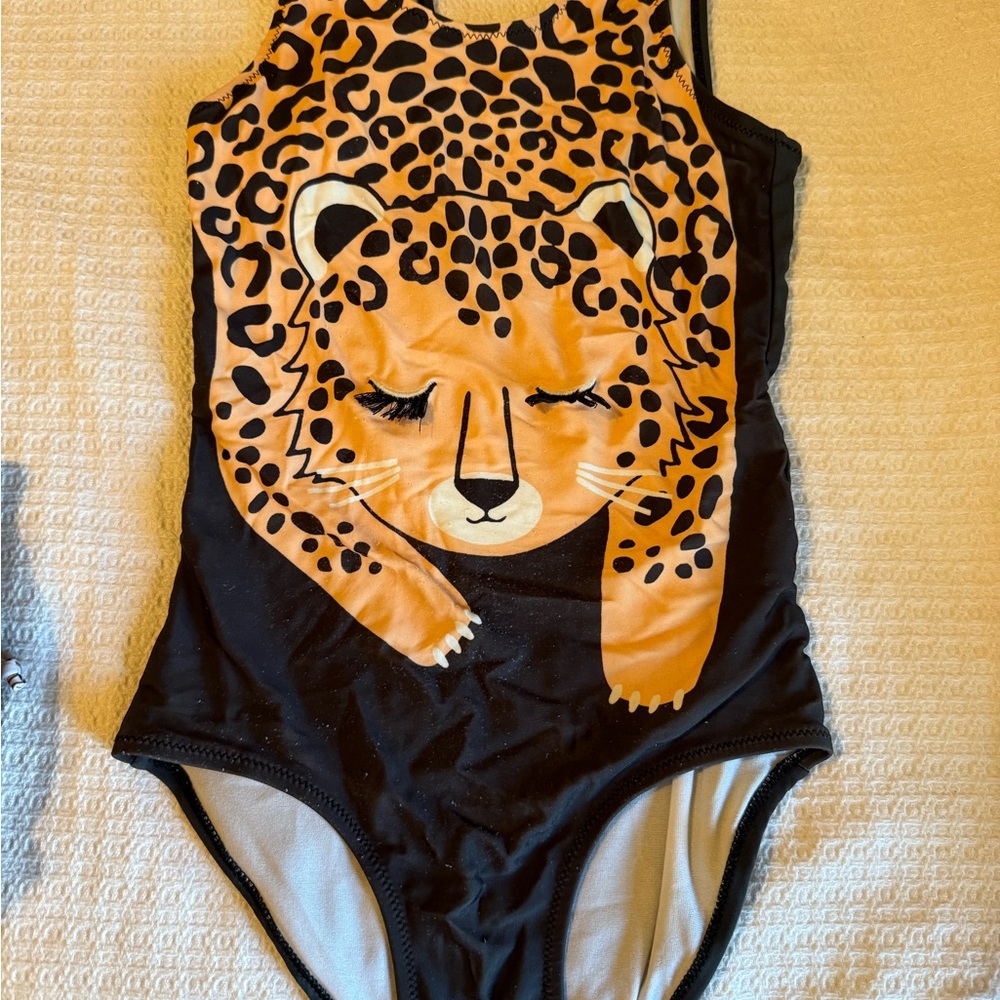 Leopard Print Kids One Piece Swimsuit - Black and Orange
